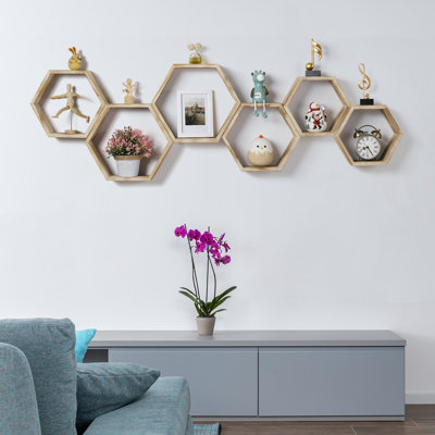Ensemble de 3 tablettes flottantes suspendues en nid d'abeille et cadres photo gris