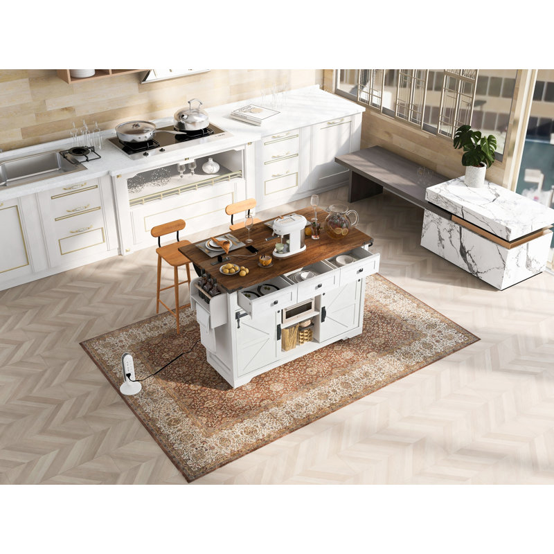 Îlot de cuisine de 53,7 po avec prise de courant, 2 îlots de rangement pour porte de grange coulissante avec abattant, support à épices sur roulettes, pour la maison, la cuisine et la salle à manger, blanc