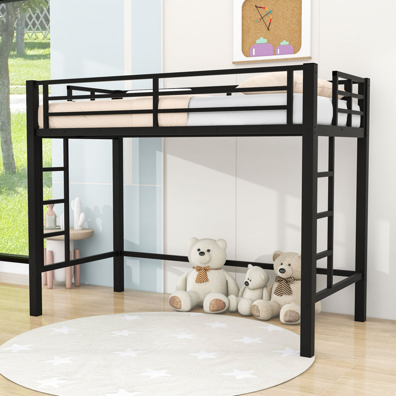 Lit mezzanine en métal avec échelles doubles, barrières de sécurité et espace sous le lit peu encombrant
