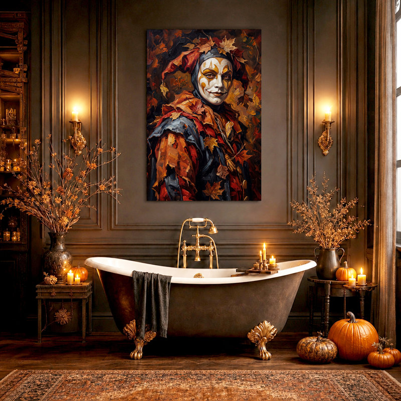 Art mural sur toile, "Jester Portrait in Autumn Leaves", H 48 po x l 36 po