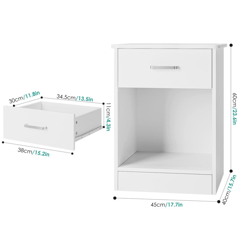 Table de chevet en bois avec tiroir Ignacio H 23,6 po, Blanc, Ensemble de 2