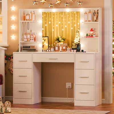 Camyla Makeup Vanity Table with LED Lighted Mirror, Power Outlet, Drawers,Shelves,5 Jewelry Hooks