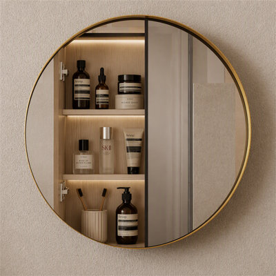 31.5 Inch Surface Mount Round Metal Framed Medicine Cabinet with Mirror and Adjustable Shelves Black Wall Mirror with Storage for Bathroom