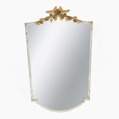 24X1.6X37.4" Decorative Arched Wall Mirror With Distressed Ivory Frame And Gold Floral Crown