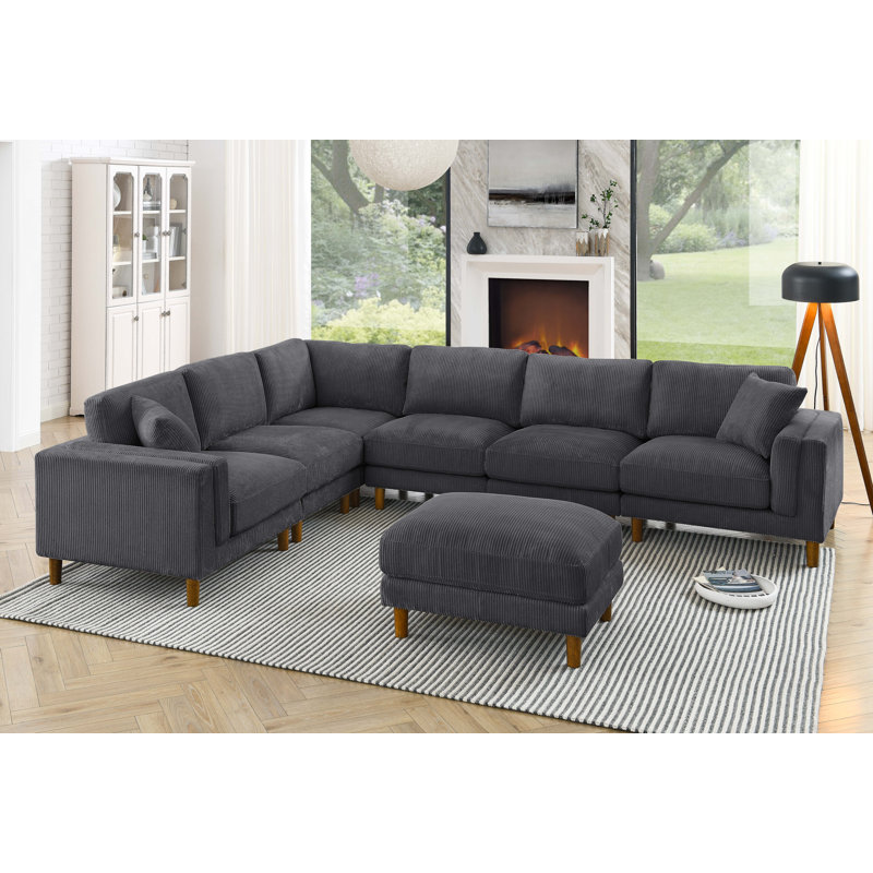 Canapé modulaire réversible avec repose-pieds Morgandy, Velours côtelé gris foncé
