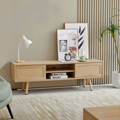 Console tissée avec tablette ajustable, longueur 53,69 po, pieds en bois massif, portes coulissantes doubles de couleur naturelle pour meuble de salon, espace
