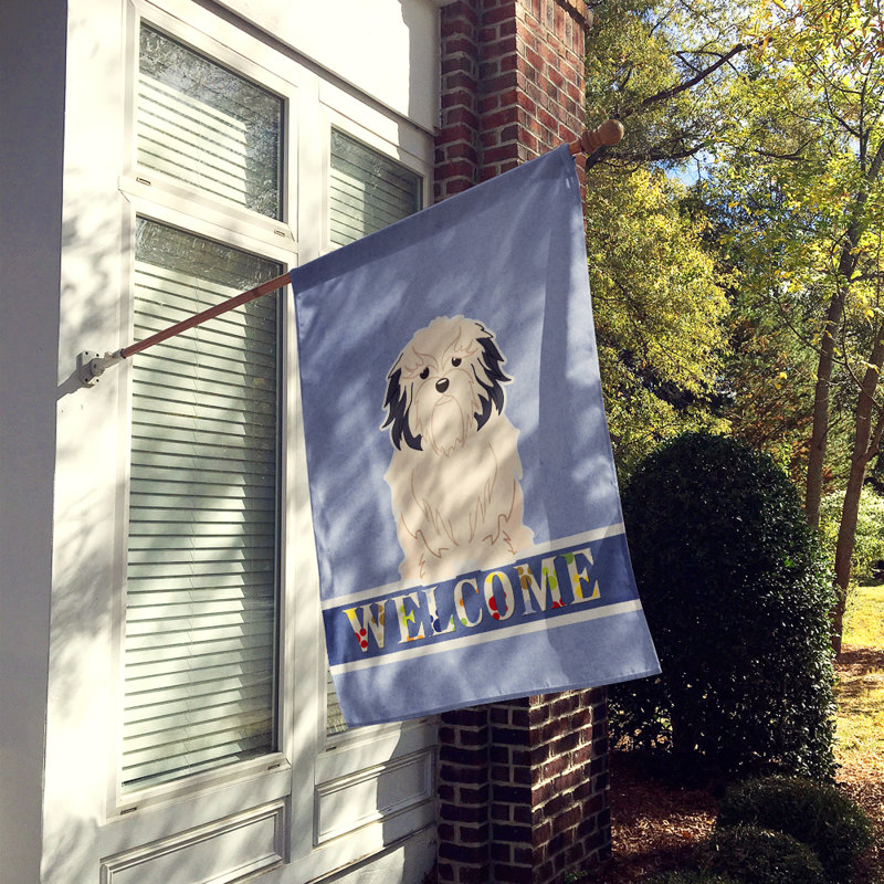 Polyester 2 côtés 40 x 28 po welcome drapeau maison, Petit chien lion blanc assis