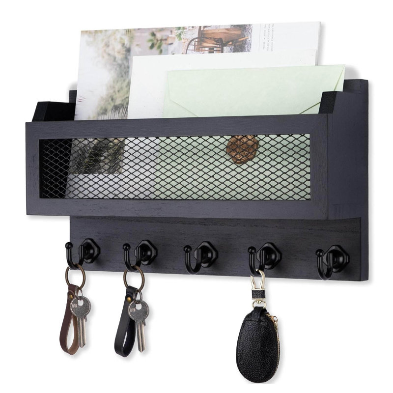 Wood Wall Organizer with Key Hooks, Black