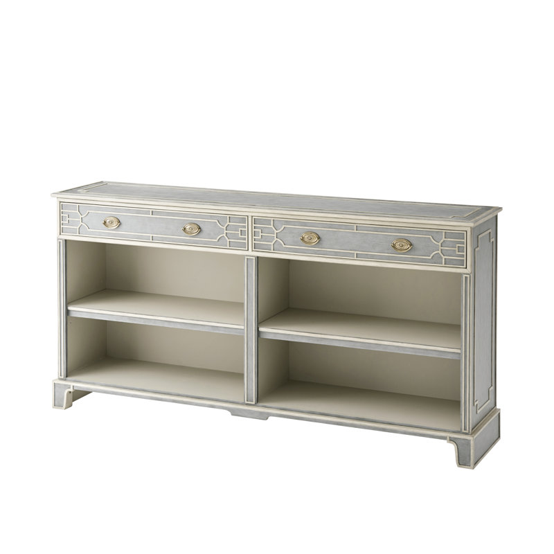 Light Stockton Grey Limestone Low Bookcase Console with Brass Handles