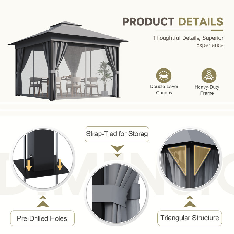 10 Ft. W x 10 Ft. D Soft Top Steel Patio Gazebo with 2-Tier Canopy and Zippered Mesh Netting for Outdoor, Patio, Garden, and Backyard Activities