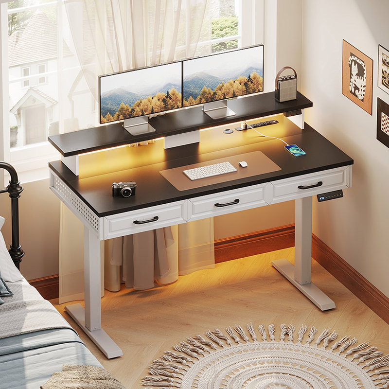 Yaelin Home Office Height Adjustable Standing Desk with 3 Woodend Drawers, Power Outlets and LED Lights, Black/White