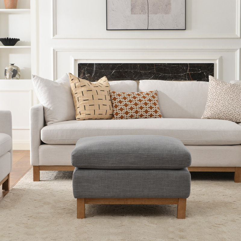 Cami Linen Blend Goose Feather Down Upholstered Ottoman With Wood Leg, Coastal Fog Linen Blend