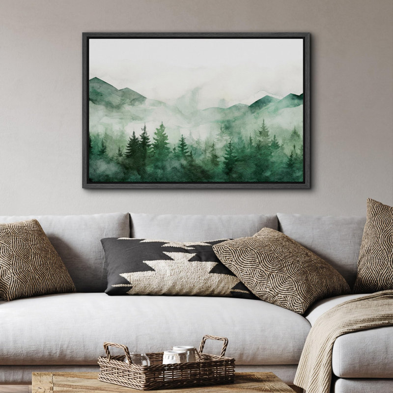 Paysage de forêt boisée «Verdant Peaks Misty Mountains And Evergreen» sur, Cadre flottant noir, H 16 po x l 24 po