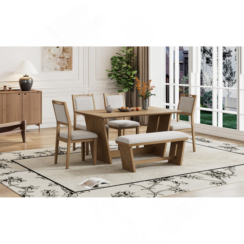 Ensemble de salle à manger en bois 6 pièces avec banc et chaises rembourrées Labannah, Naturel / naturel