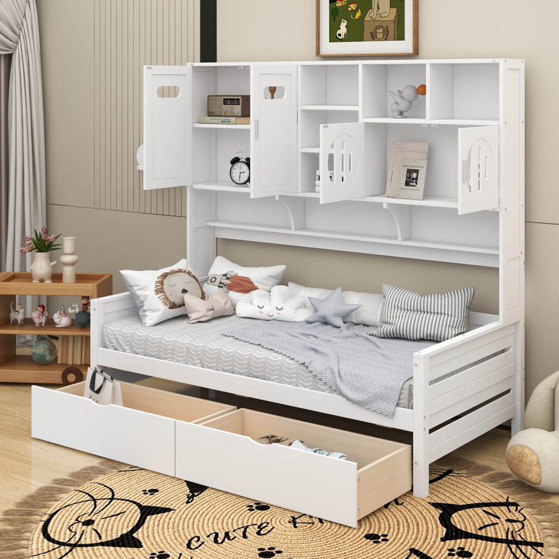 Lit de jour en bois avec tiroirs, Simple, Blanc