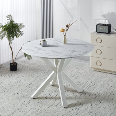 Table de salle à manger de style Mid-Century 42,1 po pour 4 à 6 personnes avec plateau rond en MDF, table de salle à manger à piédestal, table basse de loisirs, couleur marbre blanc