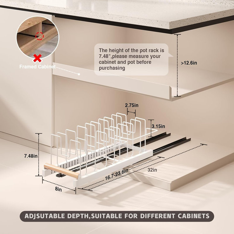 Organisateur de casseroles et de poêles escamotables pour sous-armoire avec profondeur extensible, séparateurs réglables et conception coulissante lisse