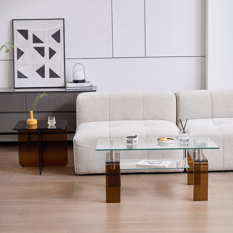 Table basse rectangulaire en verre transparent, table basse moderne en verre pour le salon, Transparent