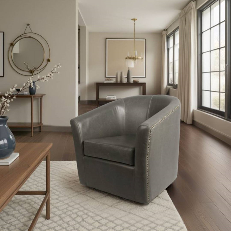 Rabinowitz Upholstered Swivel Barrel Chair, Vintage Gray Faux Leather