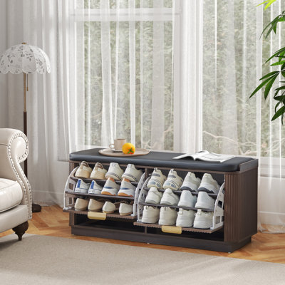 Banc de rangement rembourré pour 12 paires de chaussures avec 2 tiroirs rabattables