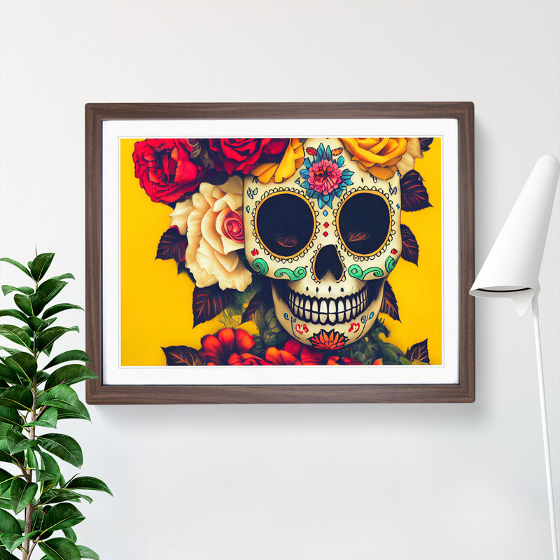 Magnificent Floral Sugar Skull 1 Piece Single Picture Frame Wall Art, 46cm H x 64cm W x 2cm D, Walnut