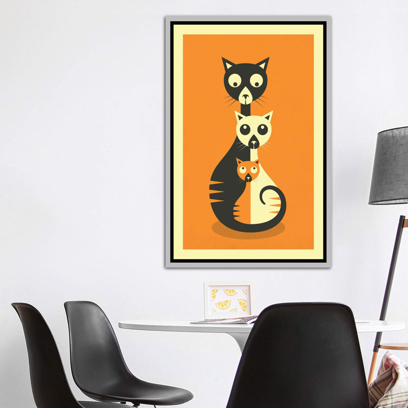 Décoration murale chats assis, H 60 po x l 40po x P 1,5 po, Toile avec cadre argenté