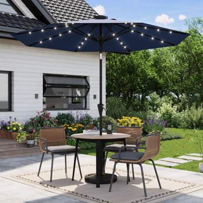 9FT Solar Patio Umbrella with 32 LED Lights - Outdoor Table Umbrella with Crank Lift, Push Button Tilt and 8 Sturdy Ribs - Market Umbrella UV Protection for Pool, Deck, Yard, Garden
