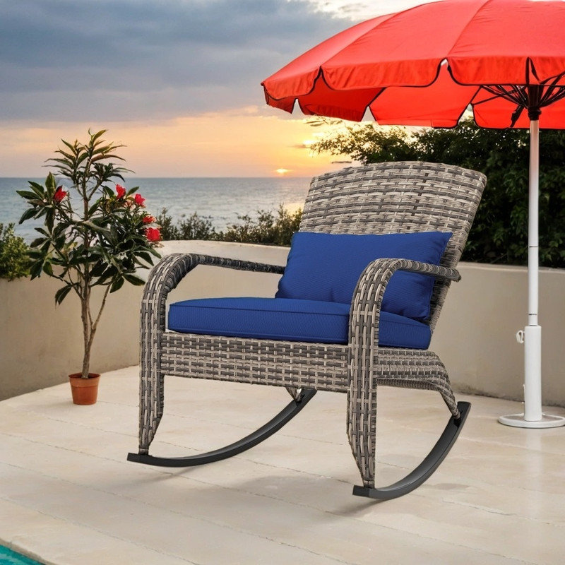 All-Weather Wicker Adirondack Rocking Chair with Cushions, Gray, Blue