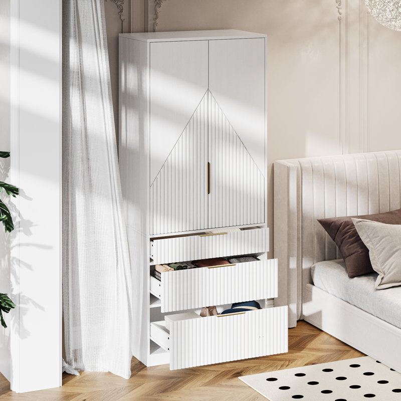 White Modern MDF Wardrobe Armoire with Gold Handles