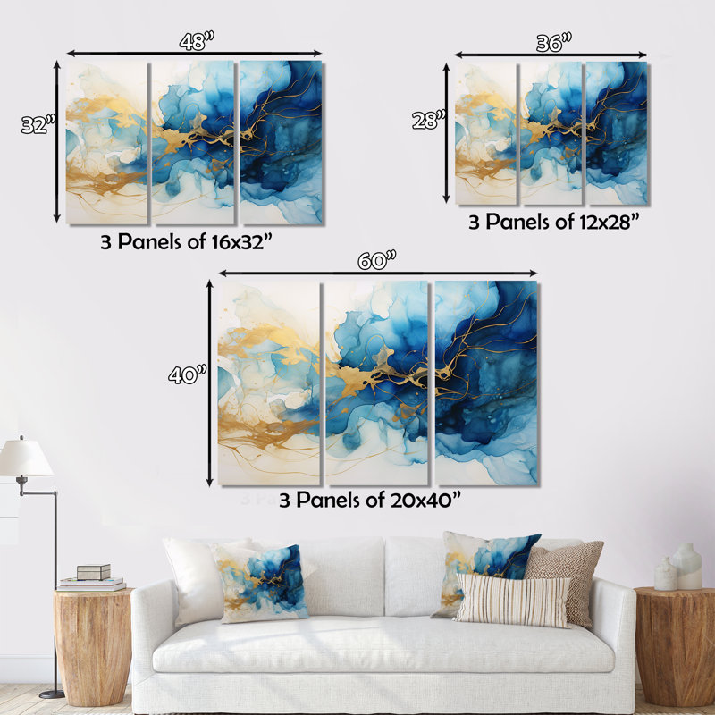 «Golden Oceanic Wave Harmony III», reproduction sur toile 3 pièces, H 28 po x l 36 po x P 1 po