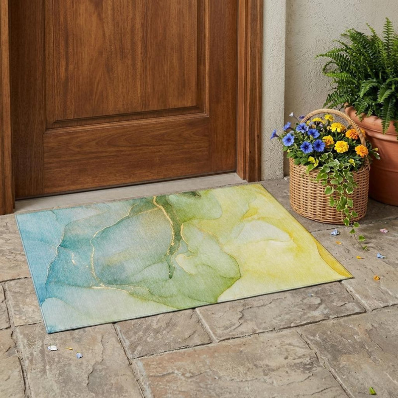3' X 5' Green Abstract Washable Non Skid Indoor Outdoor Area Rug