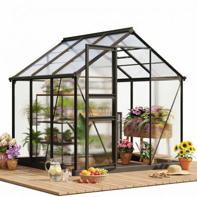 6*6 FT Outdoor Walk-in Greenhouse, Polycarbonate Green House, Heavy Duty Greenhouse with Vented Roof Window, Windproof Aluminum Frame, Suitable for Outside Gardening, Backyard, Patio.