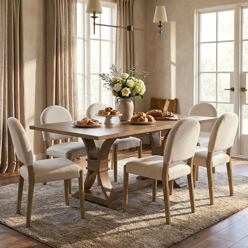 Levi 7-Piece Extendable Pedestal Rubberwood Dining Table Set With Upholstered Chairs, Light Ash