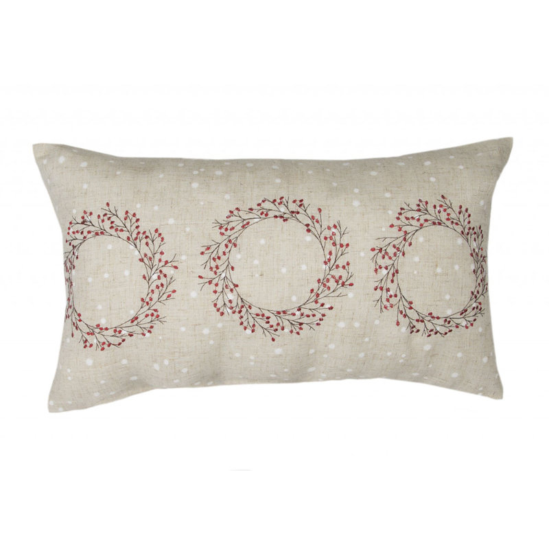 Natural Linen Embroidered Christmas Wreath Throw Pillow