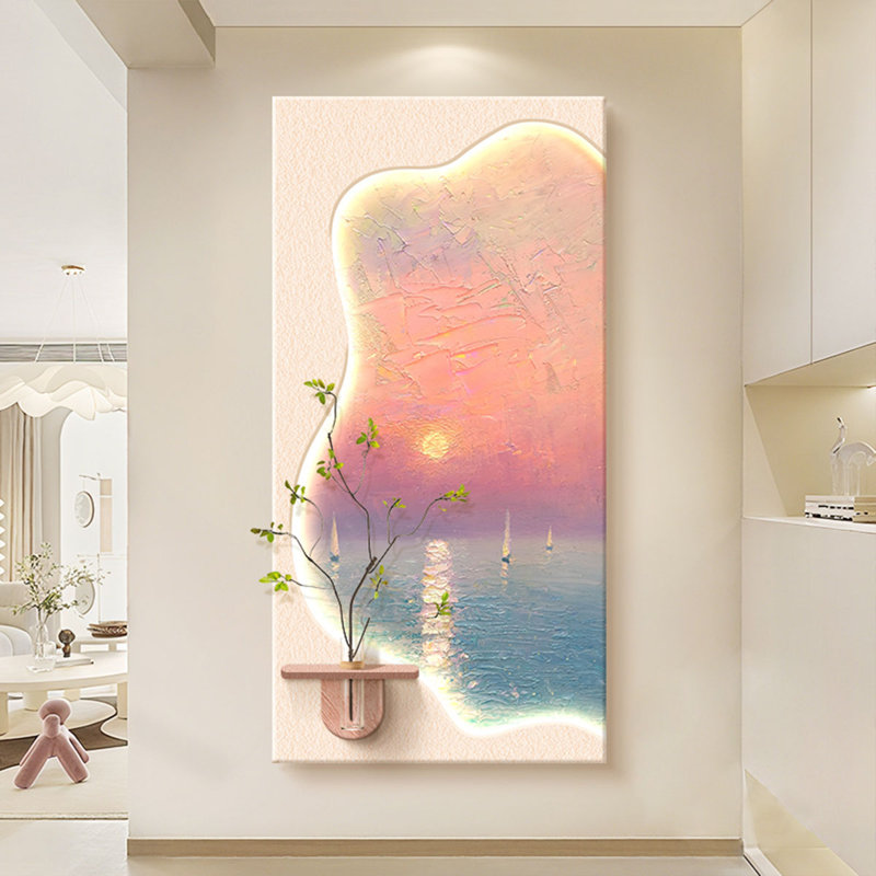 Art mural crème crème au coucher du soleil: texture grès avec pot de fleurs, H 62,99 po x l 31,5 po x P 1,18 po