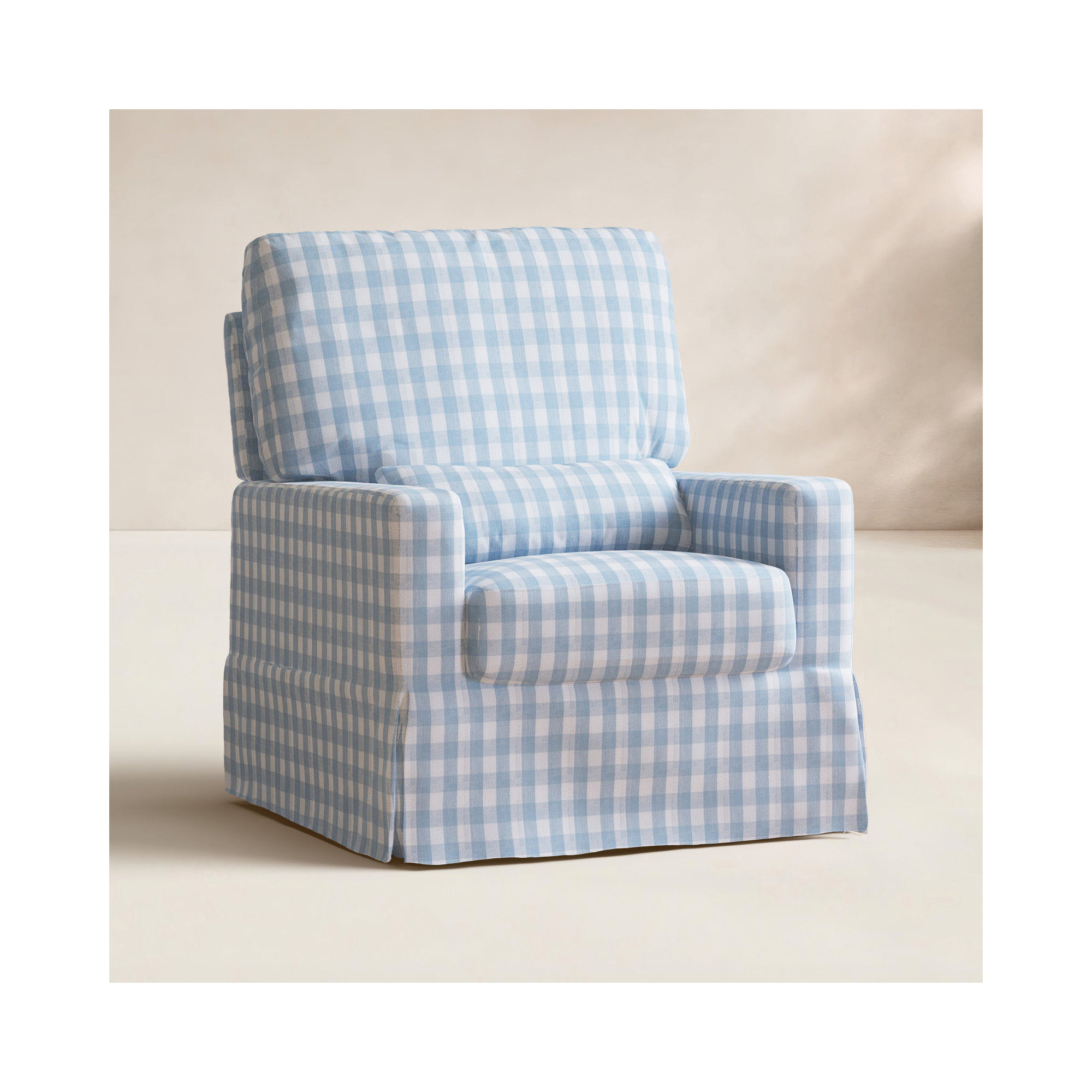 Crawford Upholstered Swivel Glider, Blue Gingham Livesmart®