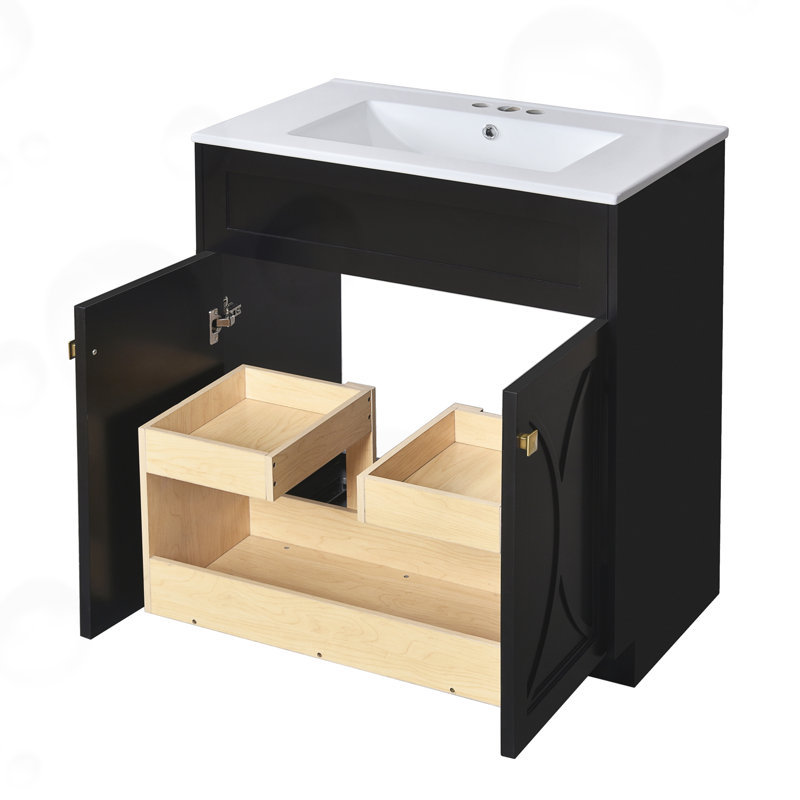 Ensemble de meuble-lavabo avec lavabo en céramique et portes à fermeture en douceur, Noir