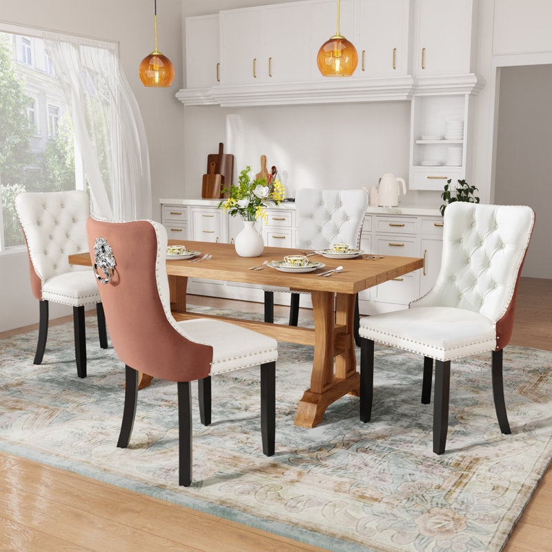 High-end Tufted Velvet Upholstered Nailhead Dining Chair, White/Pink, Golden