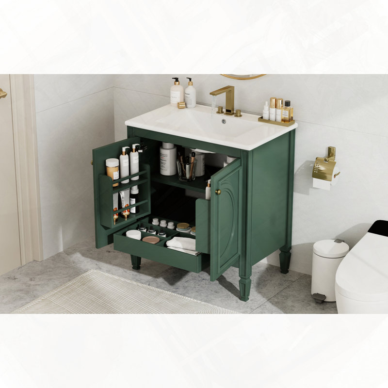 Meuble-lavabo de salle de bain avec lavabo, deux portes avec tablette, charnières de porte à fermeture douce, tablette ajustable à un tiroir de style rétro
