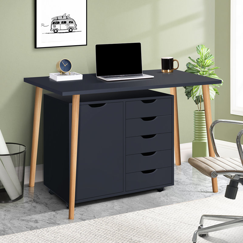 Coheman 24" Home Office Filing Cabinet with 2 Shelves, 5-Drawer Mobile Wood File Cabinet, Under Desk Rolling Storage for Documents, Clothes & Craft Supplies, Space-Saving Design