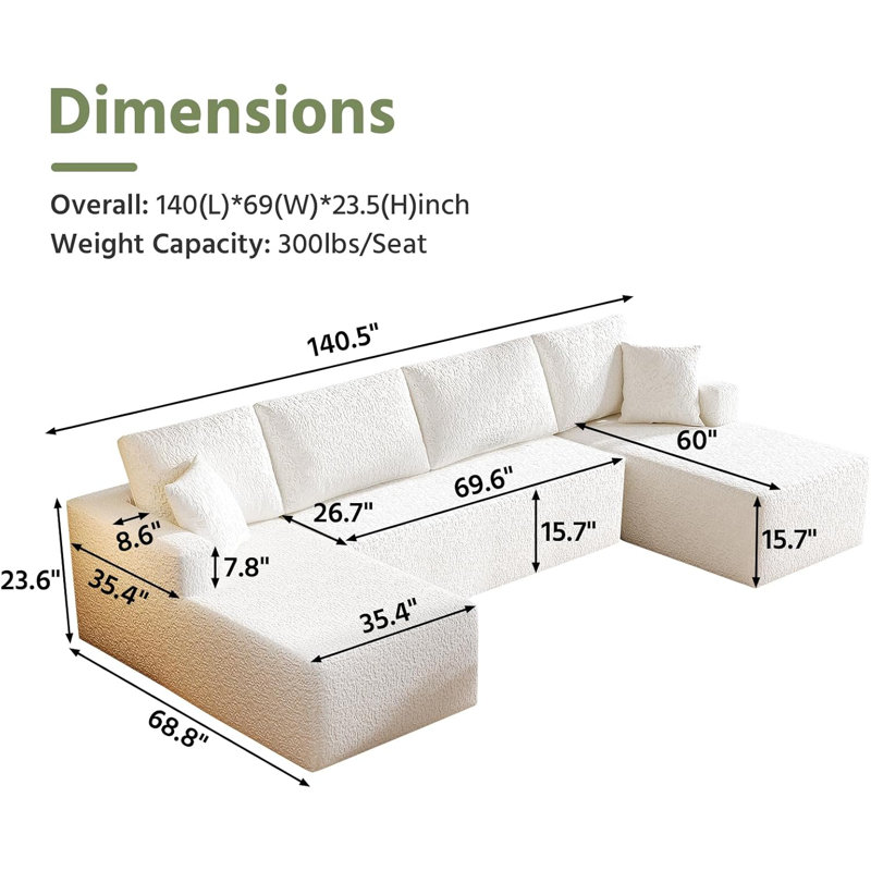 Canapé modulaire de 140 po, canapés modulaires désossés en forme de nuage, grand canapé-lit moderne en U à 7 places, canapés-lits modulaires sans assemblage avec 2 méridiennes pour le salon