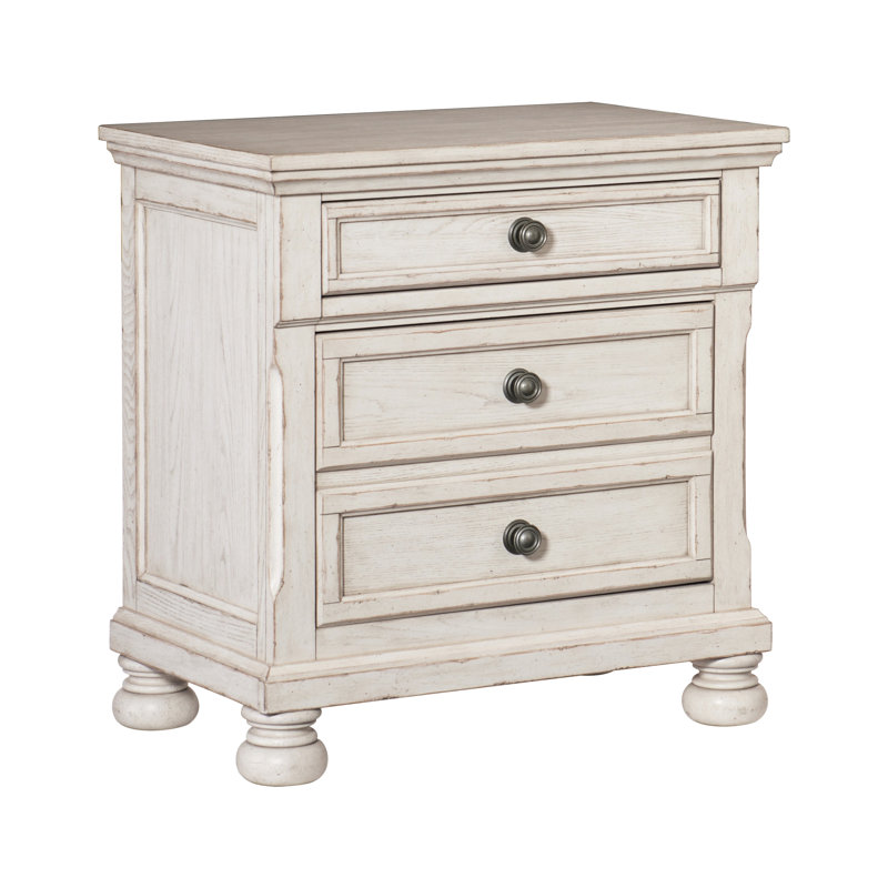 Wire-Brushed Bedroom Nightstand - Engineered Wood & 3 Drawers In White Bun Feet Finish