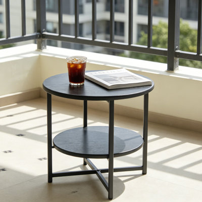 Petite petite table d'appoint ronde, table de bout de ferme à 2 niveaux, tables d'appoint pour petits espaces, tables de chevet pour le salon, tables basses avec tablette de rangement, noir