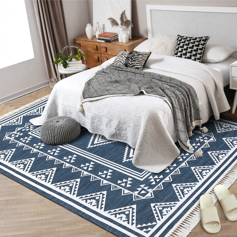 Tassel Area Rugs Washable Bordered Accent Carpet with Non-Slip Backing, Stain-Resistant Farmhouse Floor Cover, Soft Low Pile Indoor Mat for Bedroom, Living Room