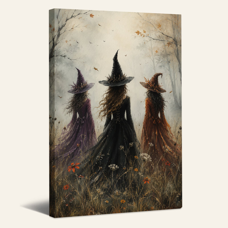 «Three Witches in Misty Autumn Forest», art mural sur toile, H 24 po x l 16 po