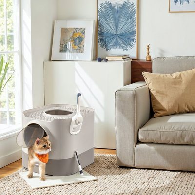 Bac à litière pour chat avec couvercle, bac à litière fermé TG avec plateau coulissant, pelle, brosse, pour grand chat, anti-traçage, anti-fuite, avoine et gris chaud