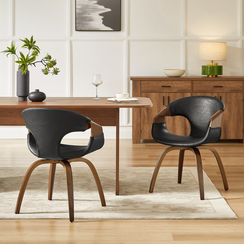 Bocea 17.32'' H Swivel Faux Leather Upholstery Dining Armchairs (Set of 2), Black, Brown