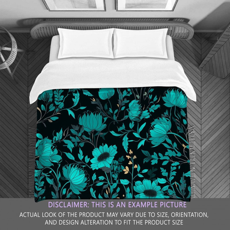 Machine Printed Comforter, Twin Extra Long Comforter, Black/Turquoise Floral