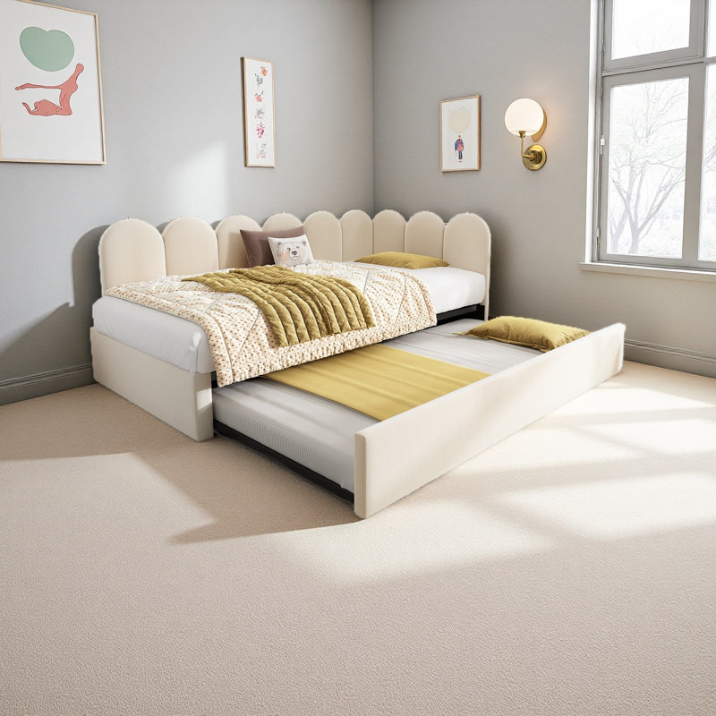 Upholstered Bed Daybed With Pull-Out Bed, Twin Size Single Sofa Bed，Metal Slatted Frame, Velvet, Beige