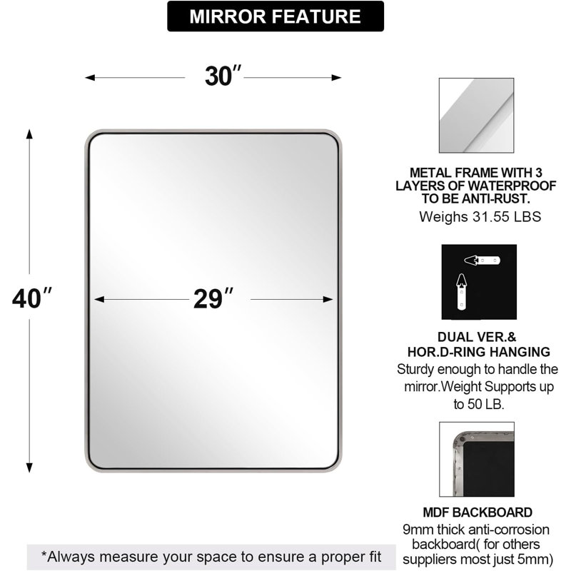 Miroir de salle de bain rectangulaire contemporain | Cadre épais en acier inoxydable, 40 po x 30 po, Nickel brossé